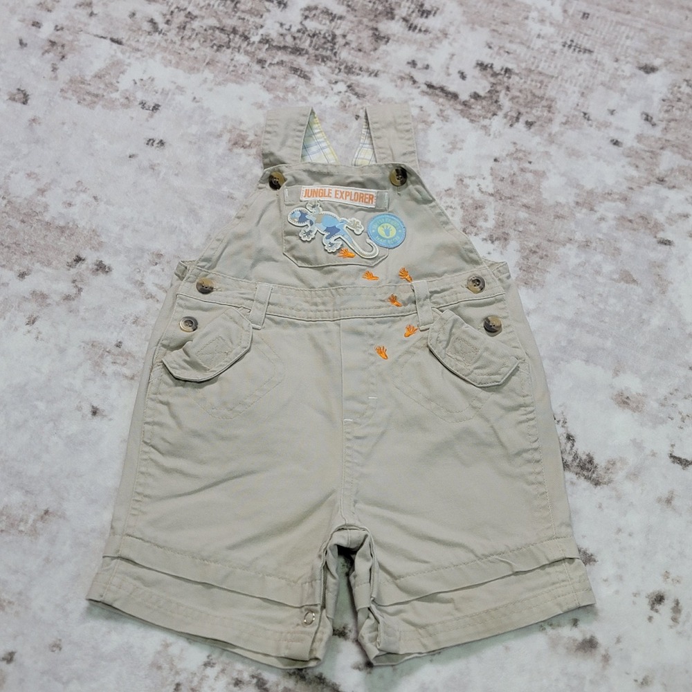 VTG Style Baby Q Jungle Explorer Overalls 6-9M Safari Shortalls Khaki Lizzard